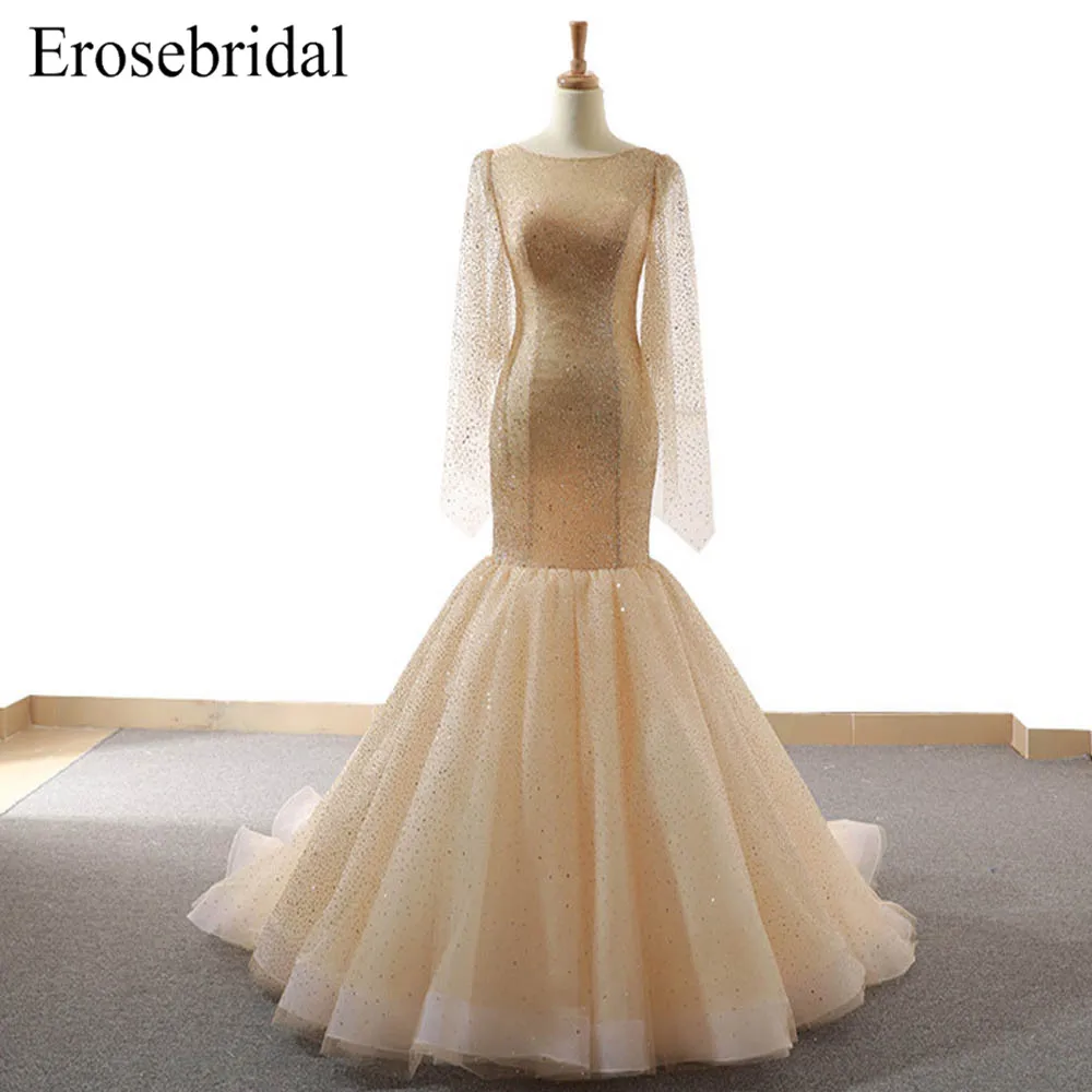 

[2019 Autumn New] Mermaid Evening Dress Long Champange with Beaded Long Sleeve robe de soiree Elegant Lace Up Back