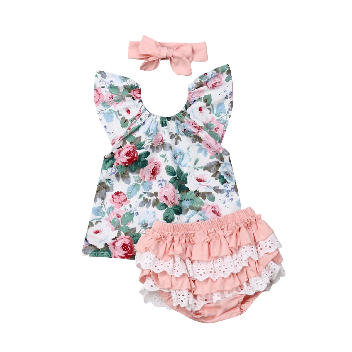 Милый комплект одежды для новорожденных девочек, летние футболки с цветочным принтом + кружевные бирюзовые шорты с оборками повязка на