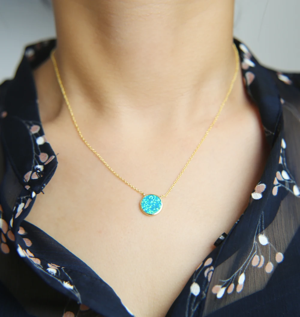 

925 sterling silver natural opal stone round bar charm necklace fashion gold color stone blue white pendant necklace for women