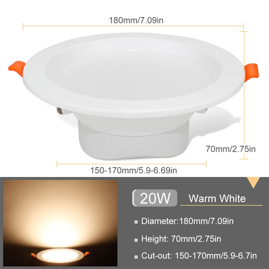 Светодиодный светильник 220 в 230 в 240 В Светодиодный точечный светильник Встраиваемая круглая лампа для помещений 3 Вт 5 Вт 9 Вт 12 Вт 20 Вт Светодиодный светильник для спальни и кухни - Испускаемый цвет: 20W Warm White
