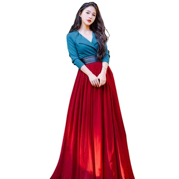 

2018 New Arrival Female Patchwork Green Red Slim Pleated Maxi Dress Women Floor Length High Waist Dress Vestidos Beach Dresses