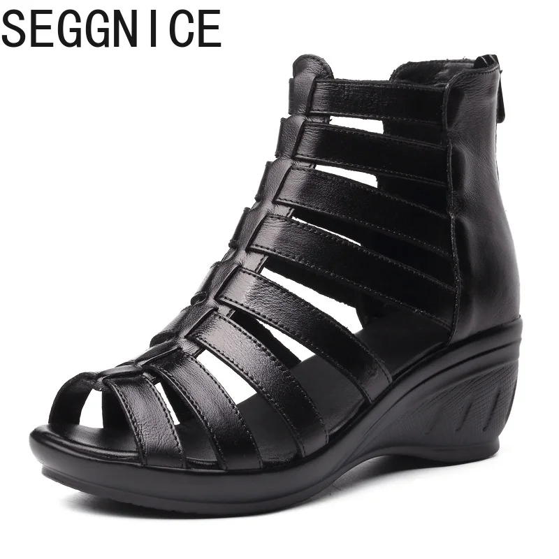 

SEGGNICE Sandals Women Open Toe Heels Wedges Shoes For Women 2019 Spring New Summer Arrival Shoes Genuine Leather Fashion