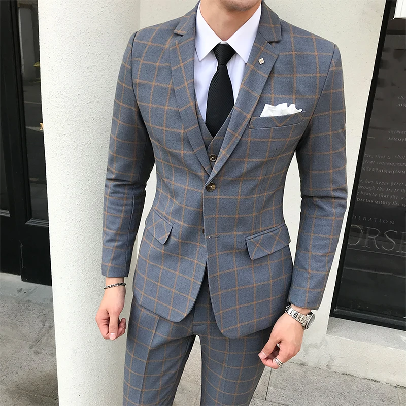 Mens Blazer + Vest + Pants / 2018 New Groom Fashion Boutique Plaid Wedding Dress Suit Sets Mens High-end Casual Business Suits