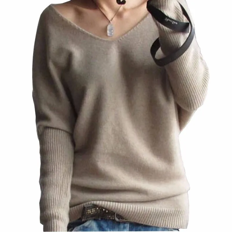

2019 Autumn Winter Cashmere Sweater Women Fashion Sexy V-neck Loose 100% Wool Sweater