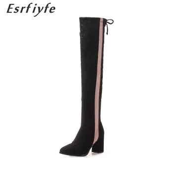 

ESRFIYFE 2019 New Flock Women Over The Knee Boots Lace Up Sexy High Heels Women Shoes Mixed Colors Warm Winter Boots Size 34-46