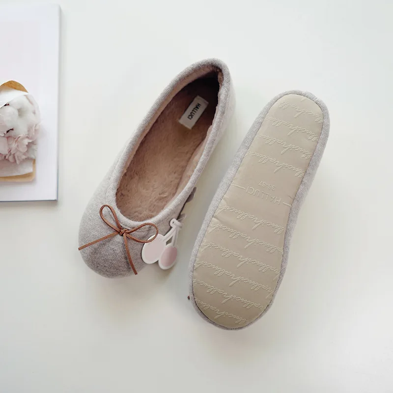 Вязаные Короткие плюшевые домашние тапочки цвета хаки с бантиком Pantufa Женская