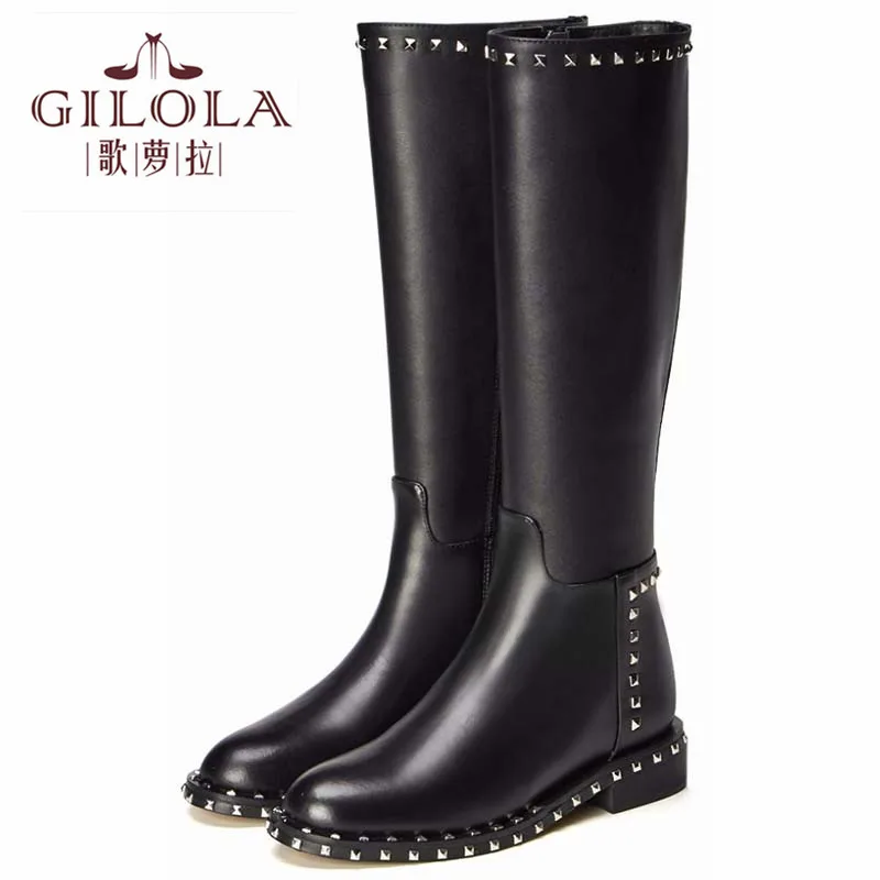 

Genuine Leather + PU Knee High Women Boots Platform Autumn Boots Rivets Winter Shoes Woman Fashion Motorcycle #Y0117246Q