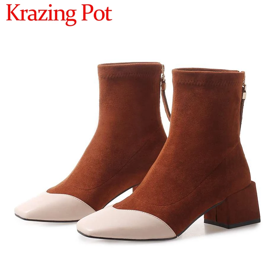 

Movie stars natural leather mixed colors classic square toe square med heels zipper young lady concise style ankle boots L17