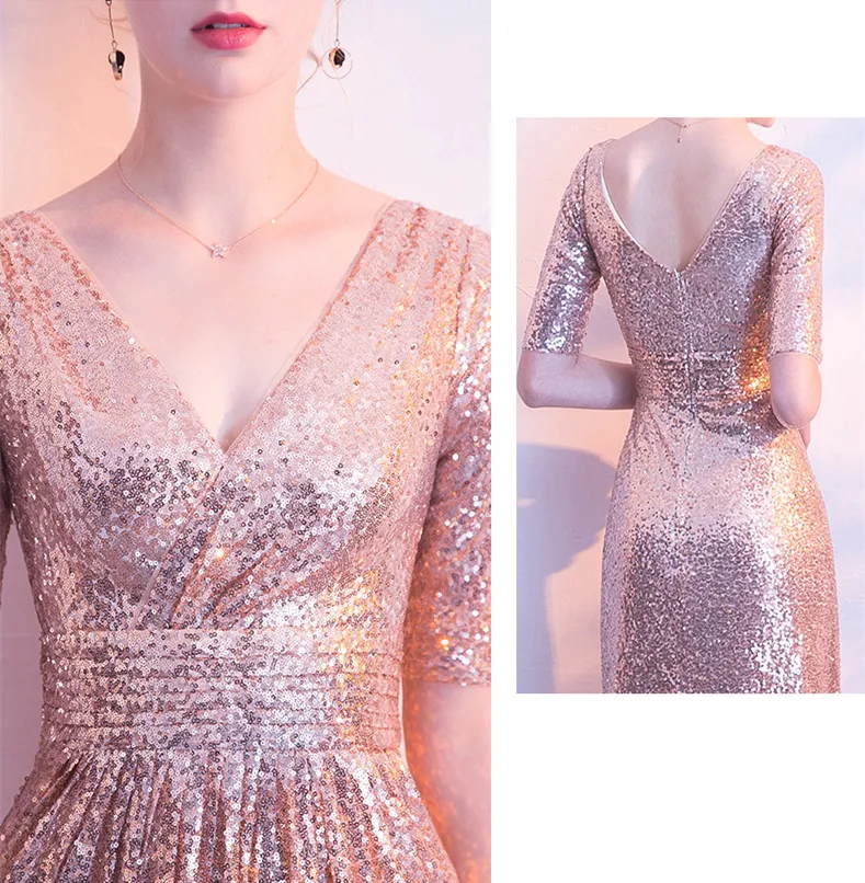 JaneVini блестящее розовое золото с блестками, Платья для подружек невесты с рукавами Элегантный v-образный вырез длинное свадебное вечернее платье женские вечерние платья
