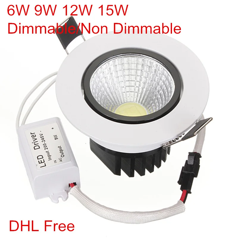 

DHL Free LED COB Down Light Recessed Ceiling Downlight 6W 9W 12W 15W Dimmable COB LED Downlight AC85-265V with LED Driver
