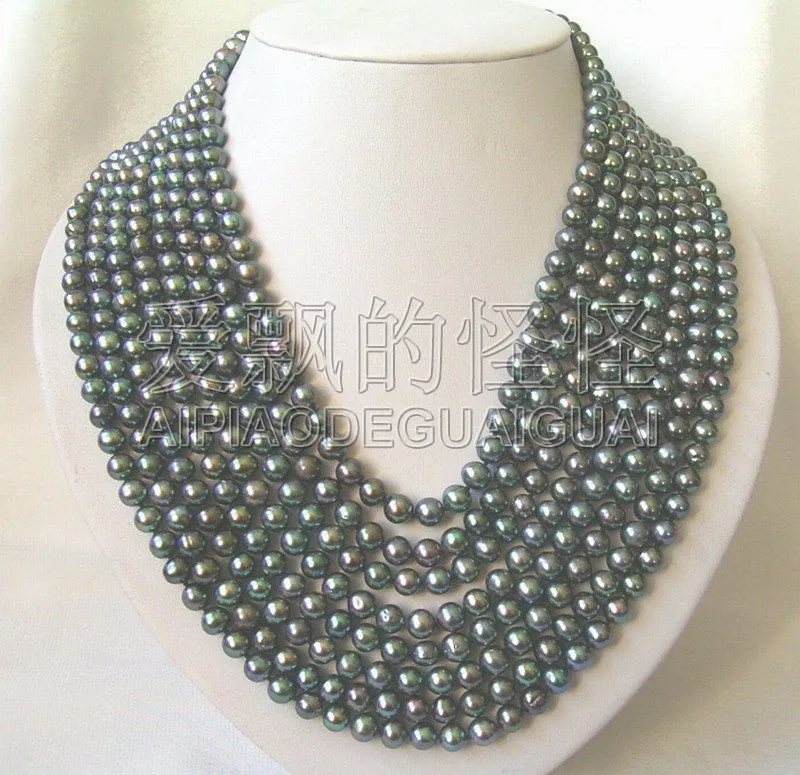 

N070166 17.5" 8 Strands Black Pearl Necklace-925 Silver Clasp