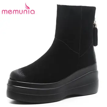 

MEMUNIA 2020 HOT fashion round toe wedges ankle boots for women platform cow suede leather snow boots zipper winter boots