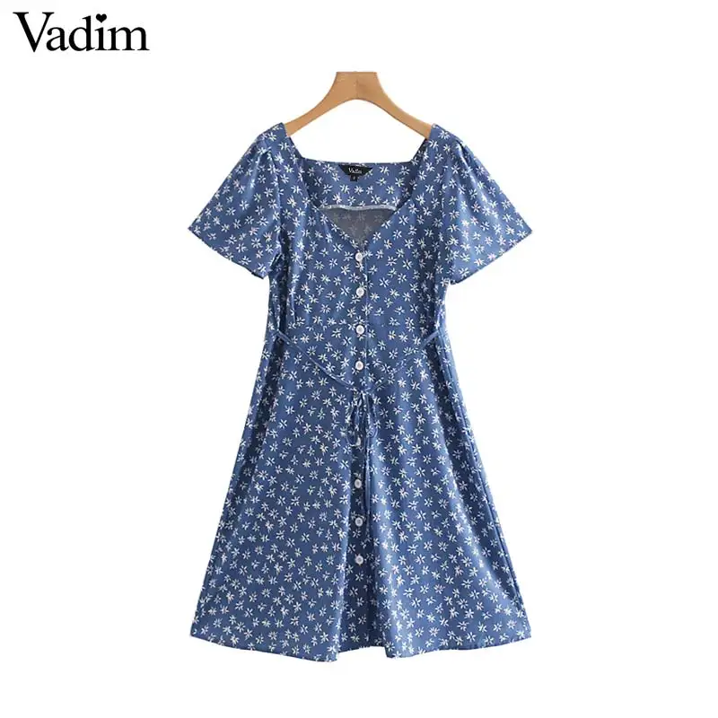 

Vadim women sweet print mini dress bow tie sashes stylish V neck female cute short sleeve A line dress vestidos QB905