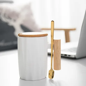 

300ML simple wooden handle ceramic coffee mug milk breakfast cup Gift coffee mug Office teacup Covered with handle with spoon