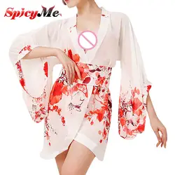 Женская цветочный принт шифон кимоно эротичный наряд японский стиль ночная рубашка короткий халат Красная слива узор летние пижамы