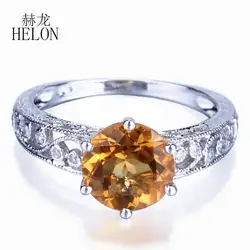 HELON Solid 14 К белого золота сертифицированы круглый безупречной 2.12ct цитрин кольцо с бриллиантом для Для женщин Свадебная вечеринка