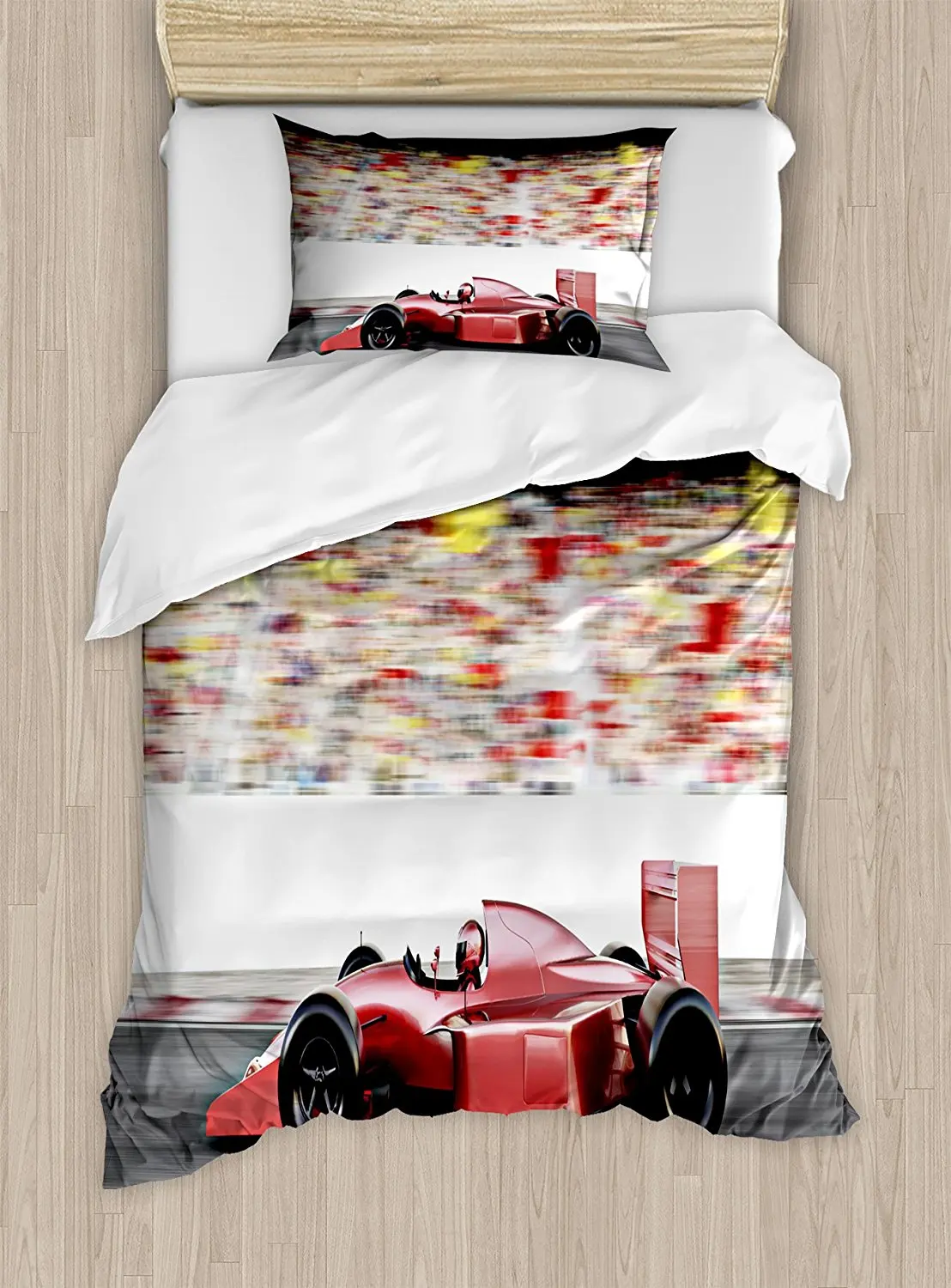 

Cars Duvet Cover Set Motor Sports Red Race Car Side View on a Track Leading the Pack with Motion Blur 4 Piece