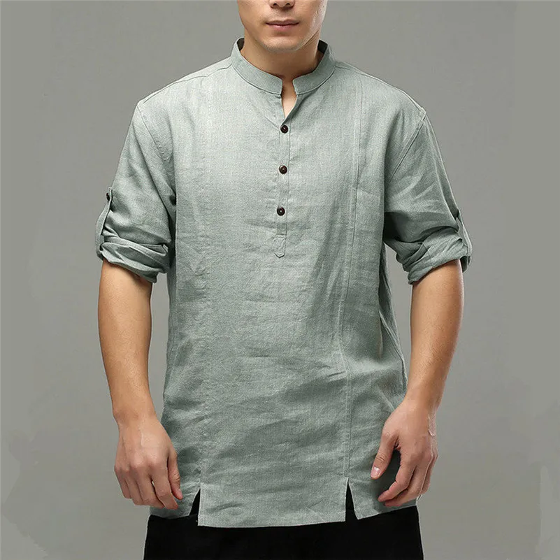 Mens Cotton Linen Shirts Casual Long Sleeve Stand Neck Tops Loose Blouse (16)