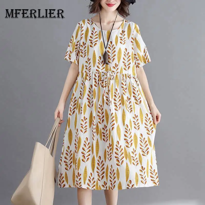 

Mferlier Leaves Print Dress Women O Neck Short Sleeve Drawstring High Waist Female Retro Elegant A Line Dress