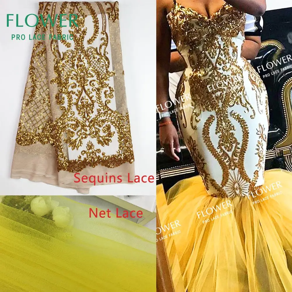

Gold Sequined Embroidered Afrian French Net Lace Fabric 2019 Classical Design Indian Nigerian Women Prom Evening Dresses Fabrics