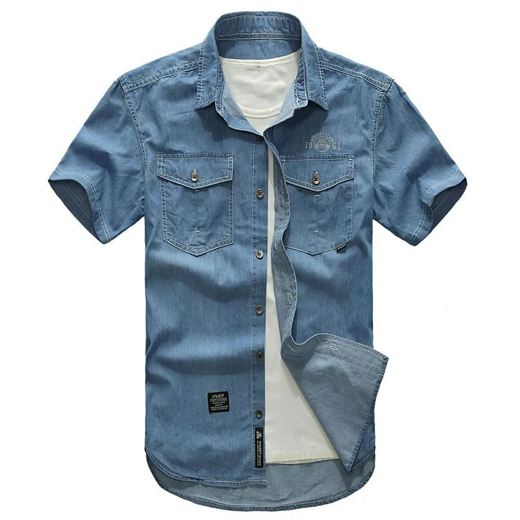 Плюс Размеры XXXXXL Лето Для мужчин из 100% хлопка платье из джинсовой ткани рубашки Цвет короткий рукав рубашки Повседневное Deep Blue Man брендовая