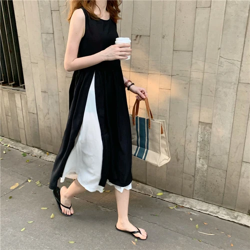 

Fashion round neck contrast color stitching double hem chiffon dress