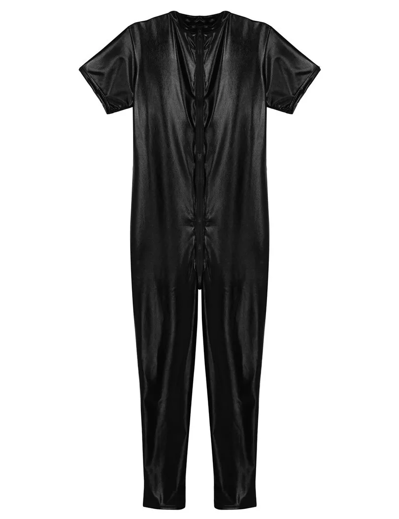 iEFiEL Black Faux Leather Mens Lingerie Stretchy Short Sleeves Zipper Crotch Full Body Leotard Jumpsuit Male Nightclub Bodysuit