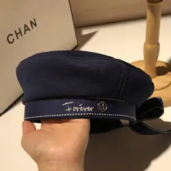 Cosmicchic 2019 Осенняя Женская модная лента берет с бантом 100% хлопок вышивка буквами британская шляпка винтажная темно-синяя кепка