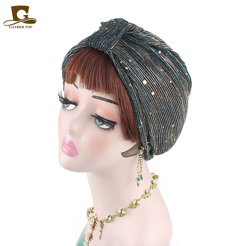New Shiny Gold sequined Mesh ruffle turban Headwrap women muslim hat  Hijab Caps 