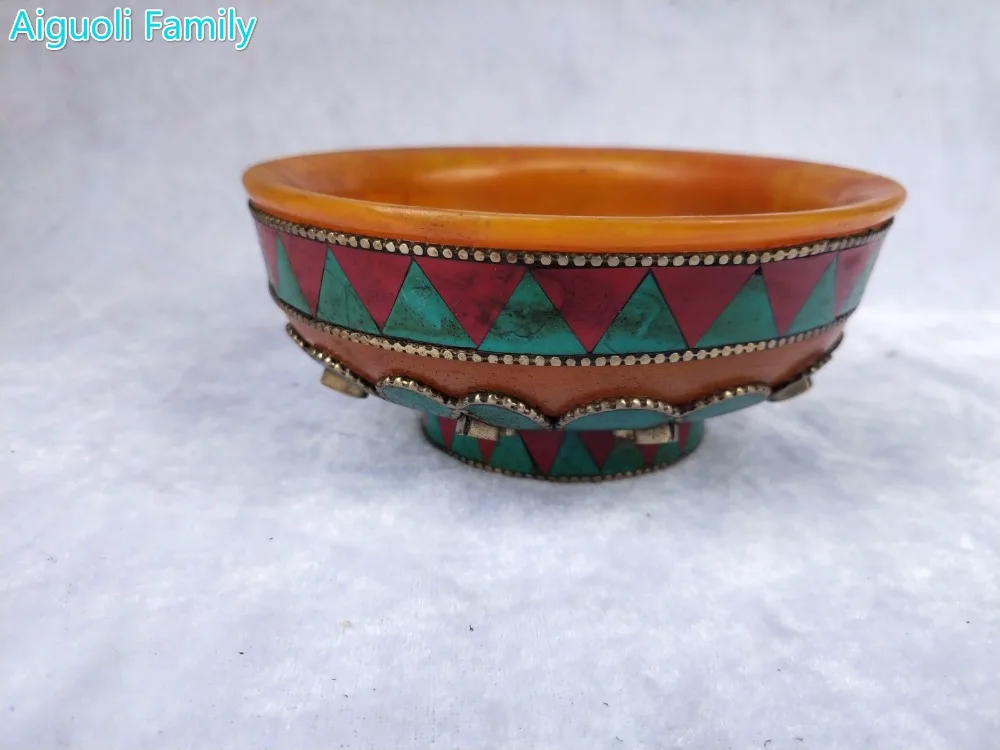 

Diameter 13CM,High 5CM Nepal/Tibet Old Handwork Carving Mosaic Beeswax Bowl Traditional Tibetan Handicrafts