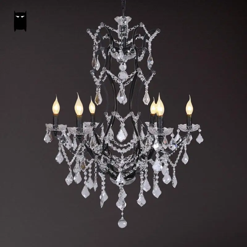 

6 Heads Long Black Wrought Iron Crystal Candle Chandelier Light Fixture Vintage Retro Antique Lustre Lamp Foyer Living Room E14