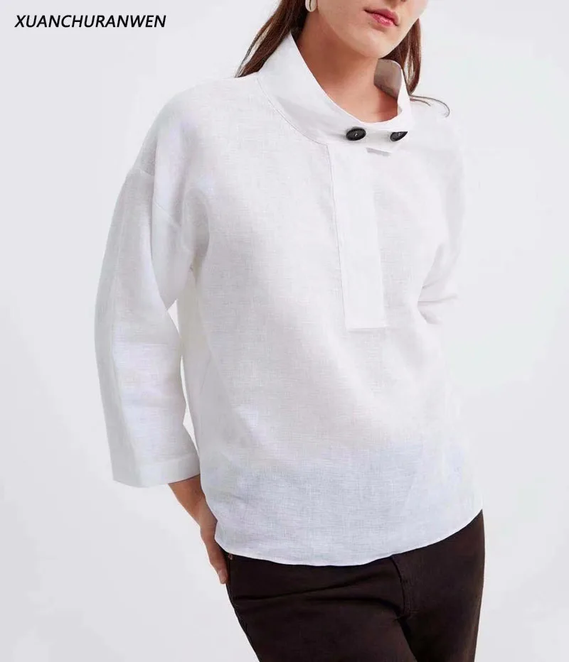 المرأة زائد حجم الكتان بلوزة الربيع الأبيض مضيئة كم زر قميص الإناث فضفاض عارضة حامل طوق Preppy نمط قمم ZA9188 المرأة زائد حجم الكتان بلوزة الربيع الأبيض مضيئة كم زر قميص الإناث فضفاض عارضة حامل طوق Preppy نمط قمم ZA9188