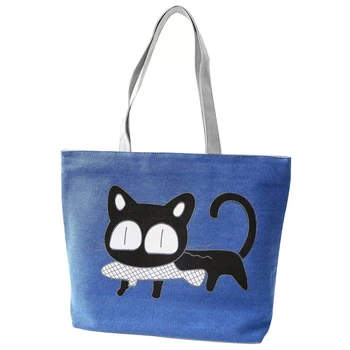 

Girl cat eat fish shopping bag Shoulder Women Handbags beach tote bags handbags blue