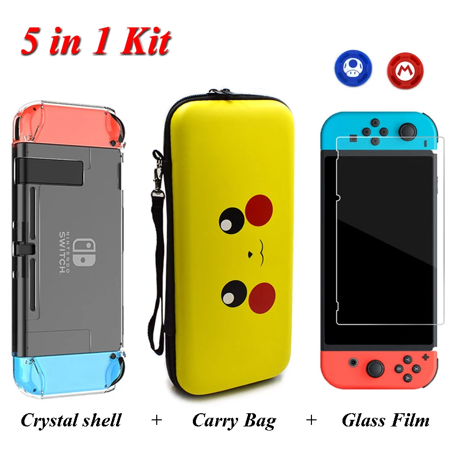 

5 In 1 Travel Carrying Bag for Nintend Switch NS Console Crystal Shell Screen Protector Thumb Sticks Grips Cap