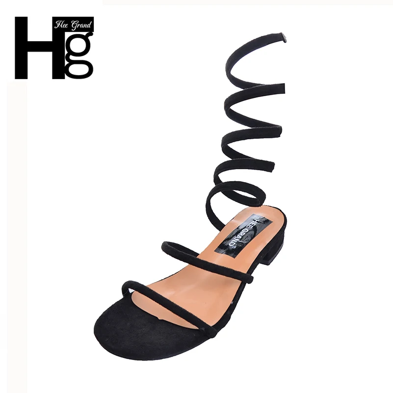 HEE GRAND Women Sandals Fashion Flexible Narrow Band Shoes Slip on Summer Black Med Heels Shoes