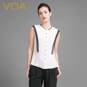 

VOA 2018 Spring Summer Sleeveless White Silk Blouse Brief Office Lady Slim Shirt Plus Size Formal Women Basic Tops B6921