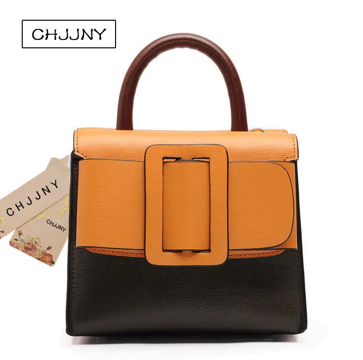 

CHJJNY 2017 newest fashion style genuine leather bark grain big buckle women handle bags flap bag with strap belt