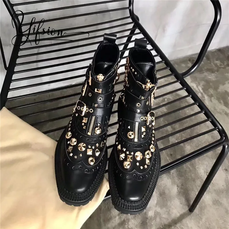 

OLOME New Fashion Black Genuine Leather Boots Women Round Toe Metal Studded Buckle Strap Women Cool Boots Shoes Woman
