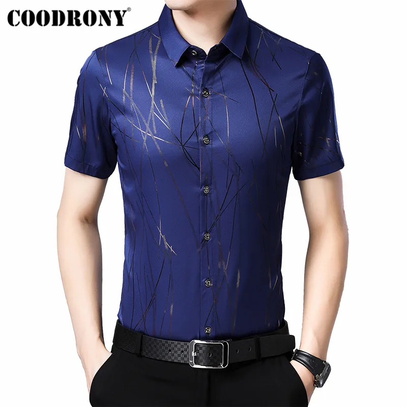 Рубашка COODRONY S96024 мужская с короткими рукавами модная сорочка в полоску
