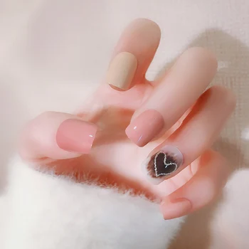 

Girls Sweet Candy Color Fake Nails Love Heart Design Short Size Artificial Nail With Glue Women Simple Jump Color False Nails