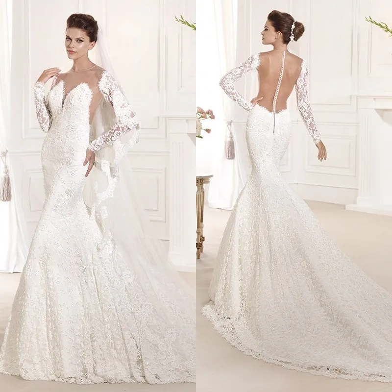 

Unique Design 2015 Stunning Wedding Dress with Long Sleeves Sheer Illusion Chapel Train Lace Backless Bridal Gown