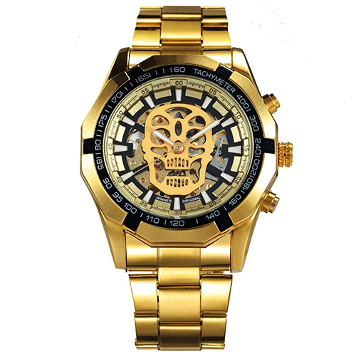 WINNER официальный для мужчин s часы лучший бренд класса люкс автоматические механические часы для мужчин Стальной ремешок хип хоп Череп Скелет циферблат наручные часы - Цвет: GOLD BLACK GOLD