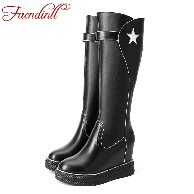 

FACNDINLL women's winter shoes brand leather knee high boots high quality women shoes platform wedges warmful winter boots women