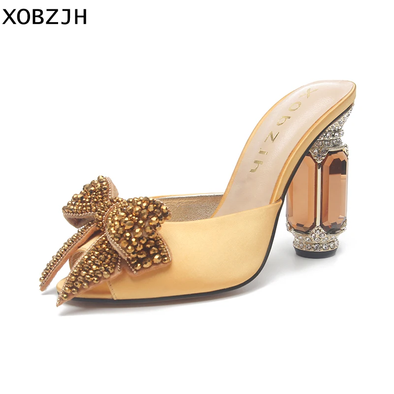 

2019 XOBZJH New Manual Rhinestone Open Toe Wedding Shoes Women Summer Luxury Party Slip On Yellow High Heel Sandals Plus Size