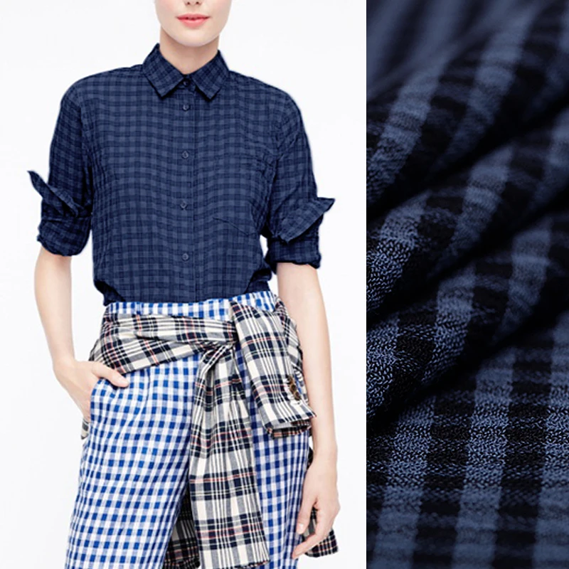 

128CM Wide 180G/M Weight Blue Check Print Linen & Ramie Fabric for Autumn and Spring Dress Coat Jacket E788
