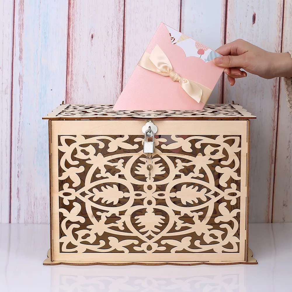

DIY Wedding Gift Card Box Creative Wooden Money Box with Lock Wedding Home Decoration for Birthday Party Gift For Guest