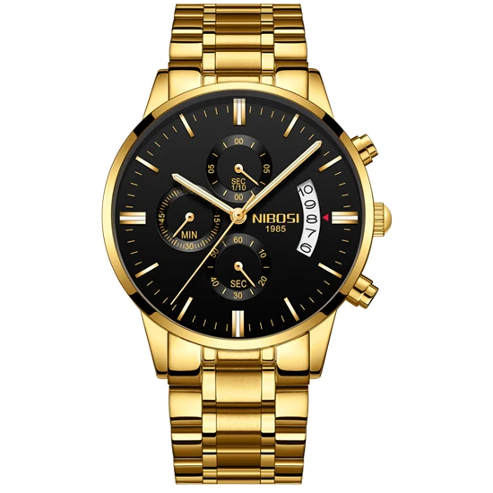 NIBOSI золотые кварцевые часы лучший бренд роскошных Для мужчин часы моды человек Наручные часы Нержавеющая сталь Relogio Masculino Saatler - Цвет: Gold Black Steel