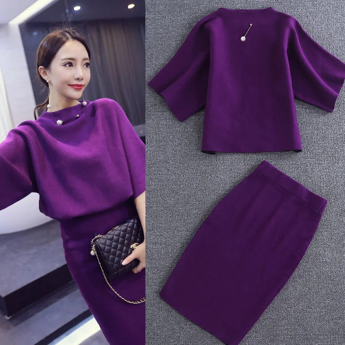 Women Knit 2 Piece Sets Spring Casual Batwing Sleeve Pullover Sweater Tops And Knitted SKirt Female Elegant Office Skirt Suit |