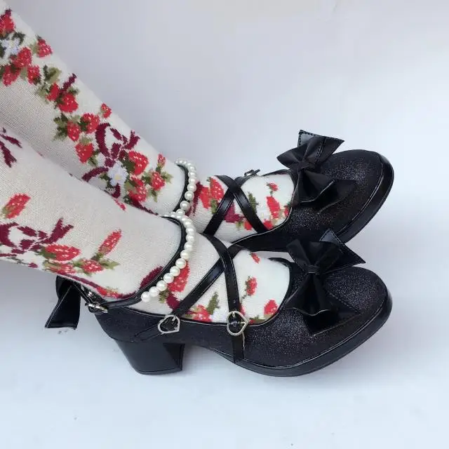 Womens-Shiny-Black-Silver-Sequin-Pumps-Bow-Strap-Cross-Pearl-Ankle-Strap-Princess-Lolita-Shoes-Custom-Tailor-Available- 18