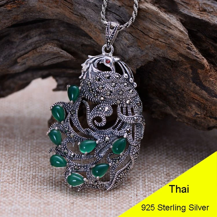 

Blue Chalcedony Peacock 925 Sterling Silver Retro Marcasite Necklace Pendant Women Thai Silver Fine Jewelry Gift CH017961